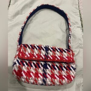 Anthropologie Fiona Beaded Bag Patriotic blue red white Houndstooth Iridescent